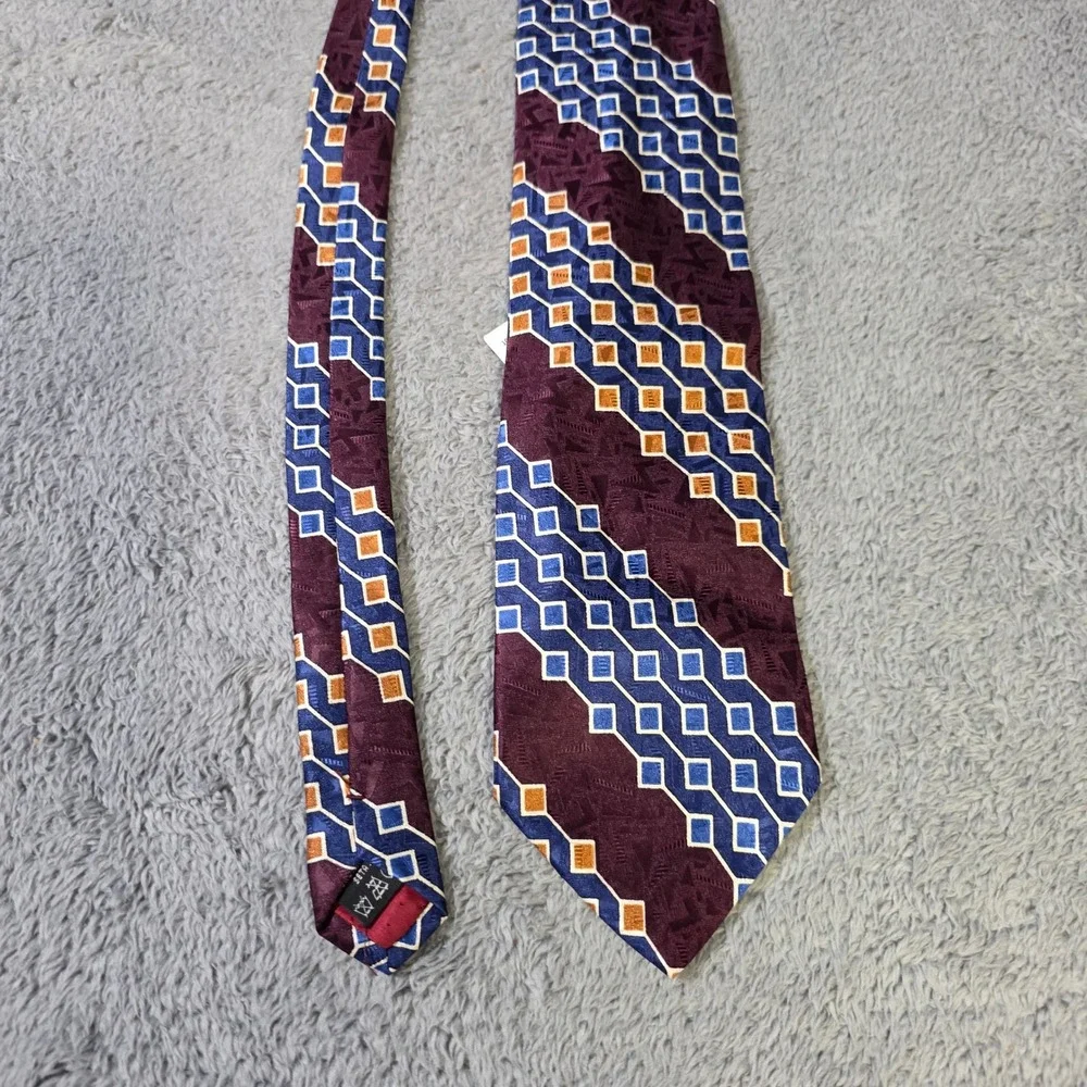 Talyari Mens OS Necktie Burgundy Blue Gold Geometric Diamond 100% Italian Silk